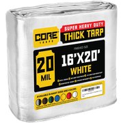 Core Tarps 20 ft L x 0.5 mm H x 16 ft W Heavy Duty 20 Mil Tarp, White, Polyethylene CT-704-16X20